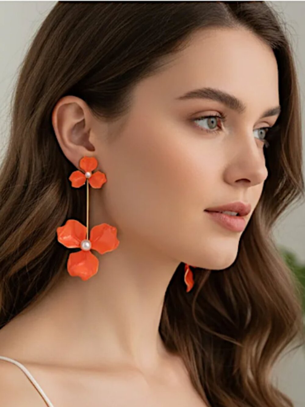 NEW~ Anthropologie Long Double Orange Flower Pearl Center Earrings